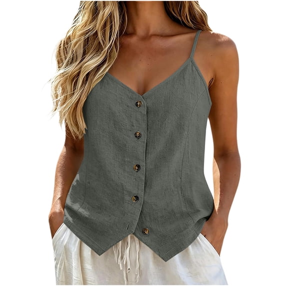 cocolona Womens Summer Camisole Linen Tank Tops V Neck Sleeveless Button Shirts Trendy Casual Adjustable Strap Solid Color Blouses