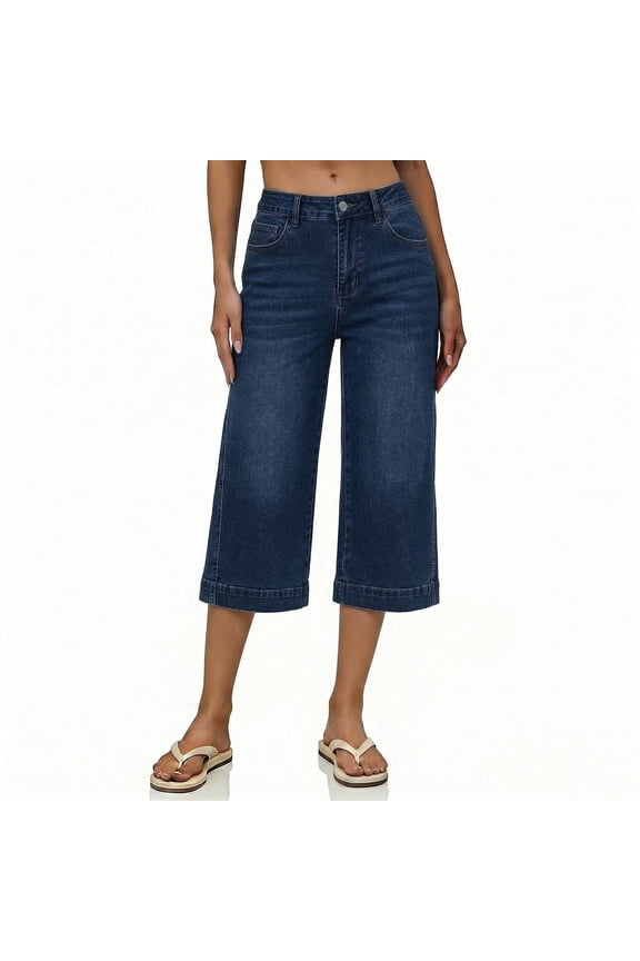 Womens Summer Capri Jeans Casual Loose Straight Wide Leg Workout Travel Denim Pants with Pocket