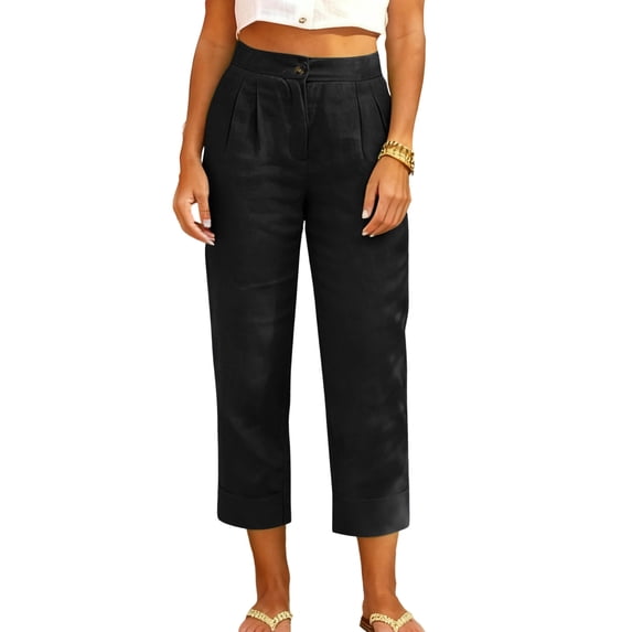 cocolona Womens Summer Capri Pants Casual Loose Wide Leg Button Cropped Pants Work Dress Pants with Pocket
