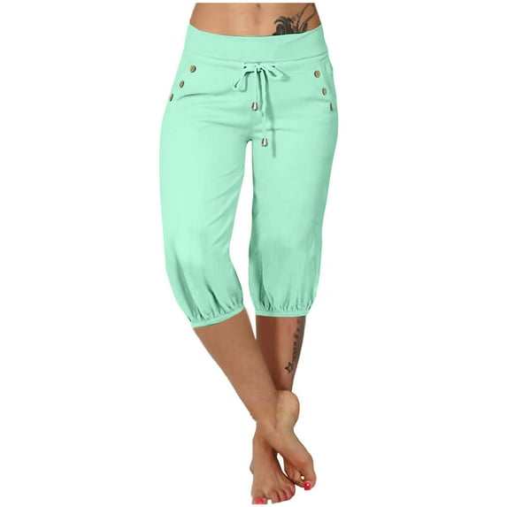 cocolona Womens Summer Capri Pants Elastic Waist Drawstring Button Pocket Sweatpants Outdoor Athletic Casual Beach Yoga Pants on Clearance