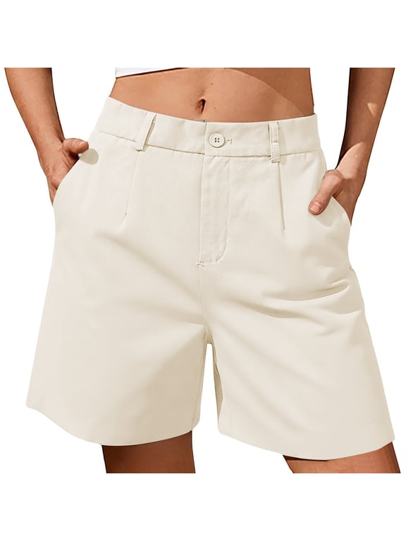 Womens Summer Casual A-line Dress Shorts Breathable Elastic Button Waist Wide Leg Business Work Shorts with Pockets