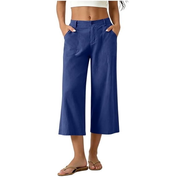 cocolona Womens Summer Casual Beach Capri Pants Elastic Button Waist Straight Wide Leg Lounge Cropped Pants with Pockets