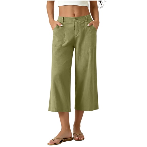 cocolona Womens Summer Casual Beach Capri Pants Elastic Button Waist Straight Wide Leg Lounge Cropped Pants with Pockets