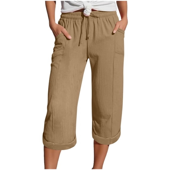 cocolona Womens Summer Casual Beach Capri Pants Elastic Waist Straight Cuffed Wide Leg Cropped Pants with Pockets