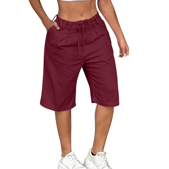 cocolona Womens Summer Casual Beach Shorts Solid Color Elastic Waist Drawstring Knee Length Shorts with Pockets