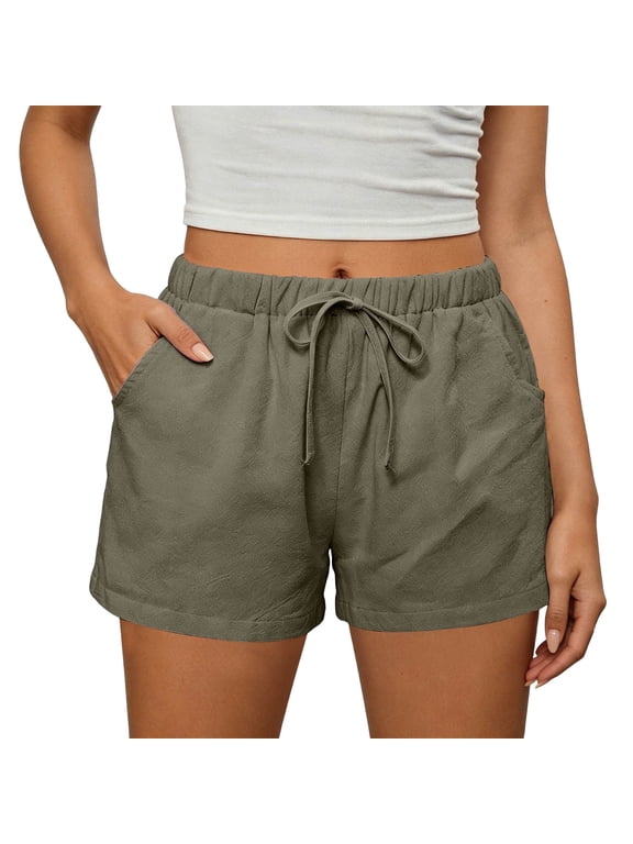 Womens Summer Casual Beach Shorts Solid Color Elastic Waist Drawstring Straight Shorts with Pocket