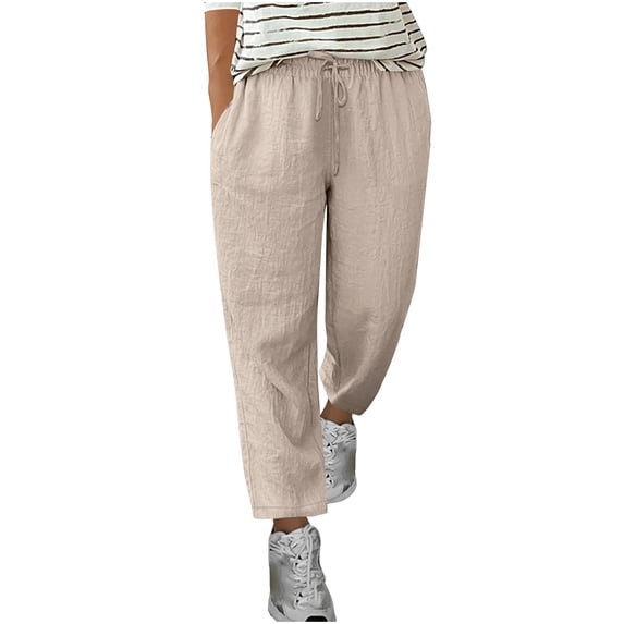 cocolona Womens Summer Casual Capri Linen Pants Elastic Waist Drawstring Wide Leg Travel Lounge Pants with Pockets