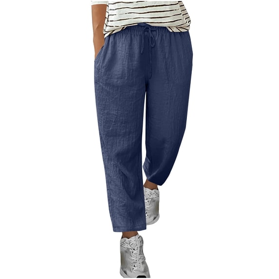 cocolona Womens Summer Casual Capri Linen Pants Elastic Waist Drawstring Wide Leg Travel Lounge Pants with Pockets
