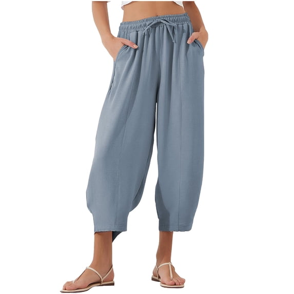cocolona Womens Summer Casual Capri Palazzo Pants Elastic Waist Drawstring Wide Leg Travel Beach Pants with Pockets