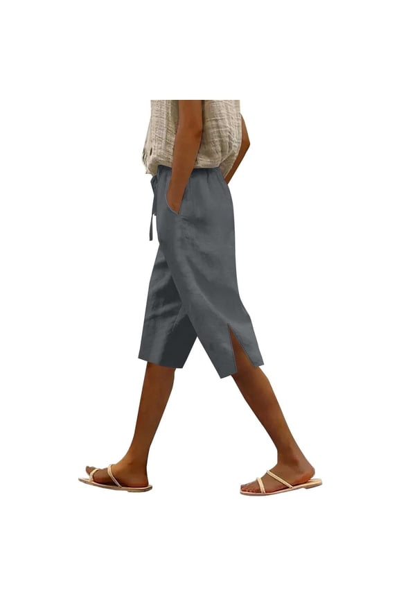 Womens Summer Casual Capri Pants Cropped Drawstring Linen Pants Side Slit Straight Trousers Vacation Beach Capri Gray XXL