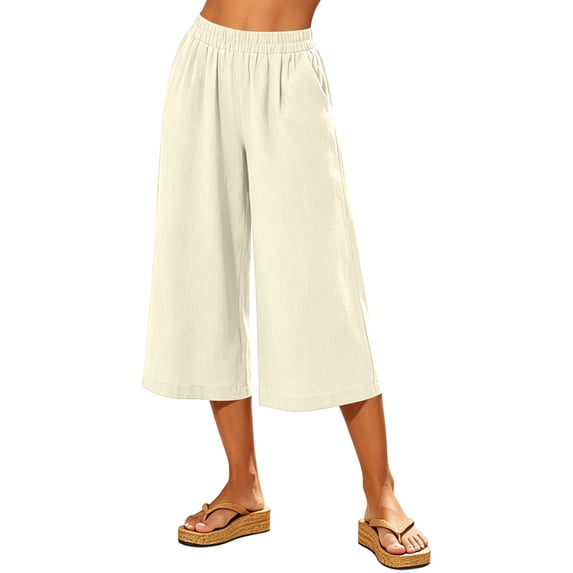 cocolona Womens Summer Casual Capri Pants Elastic Waist Straight Wide Leg Travel Beach Cropped Pants with Pockets