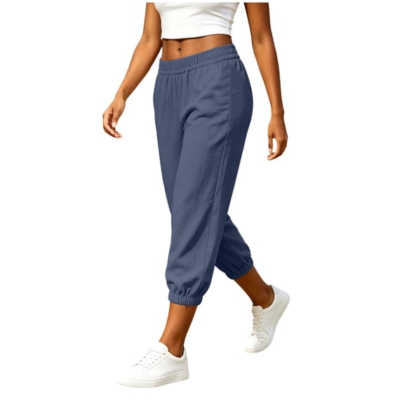 cocolona Womens Summer Casual Capri Pants Solid Color Elastic Waist Straight Cropped Joggers with Pockets