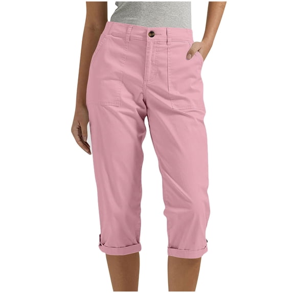 cocolona Womens Summer Casual Cargo Capri Pants Button Zipper Waist Straight Cuffed Leg Cropped Pants with Pockets