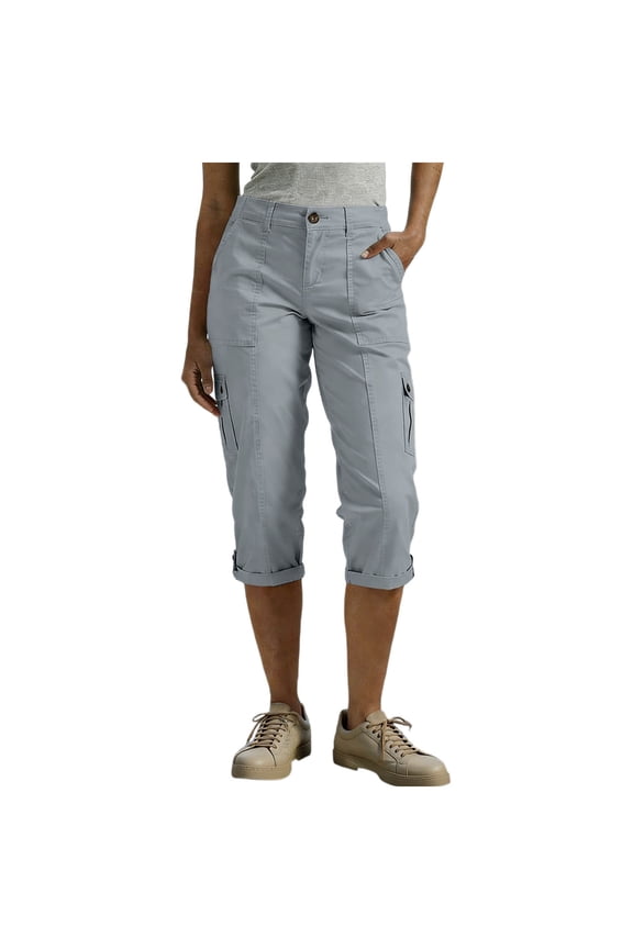 Womens Summer Casual Cargo Capri Pants Elastic Waist Straight Cuffed Wide Leg Cropped Work Pants with Pockets