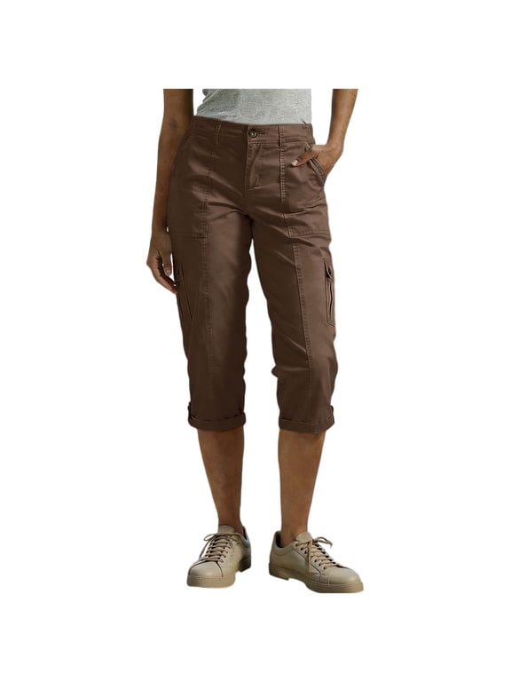 Womens Summer Casual Cargo Capri Pants Elastic Waist Straight Cuffed Wide Leg Cropped Work Pants with Pockets