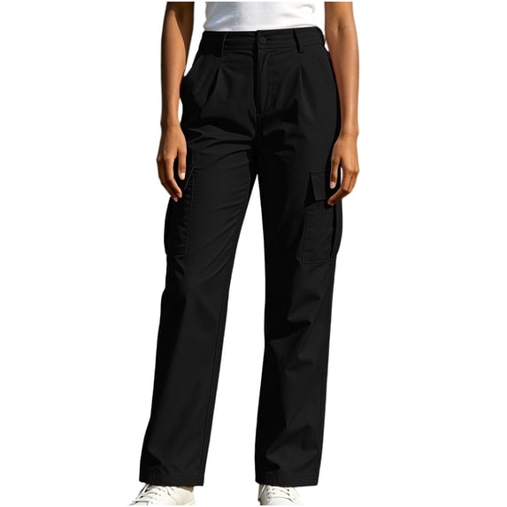 cocolona Womens Summer Casual Cargo Pants Button Zipper Waist Straight Wide Leg Outdoor Hiking Pants with Pockets