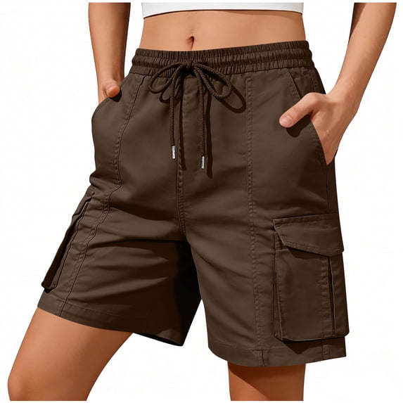 cocolona Womens Summer Casual Cargo Shorts Elastic Waist Drawstring Wide Leg Knee Length Shorts with Pockets