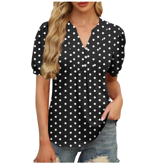 cocolona Womens Summer Casual Dressy Blouse Fashion Button V Neck Short Sleeve Pleated Tops Polka Print T-shirts
