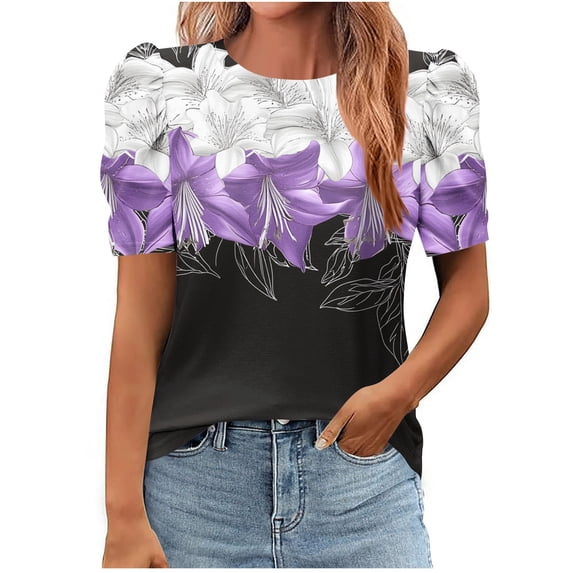 cocolona Womens Summer Casual Dressy Blouse Fashion Crew Neck Short Sleeve Floral Print Tops Business Work T-shirts