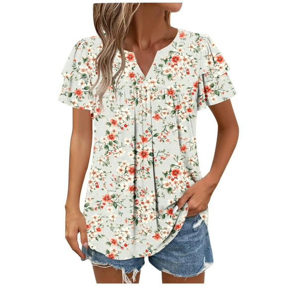cocolona Womens Summer Casual Dressy Blouse V Neck Ruffle Short Sleeve Front Pleated Tops Fashion Floral Print T-Shirts