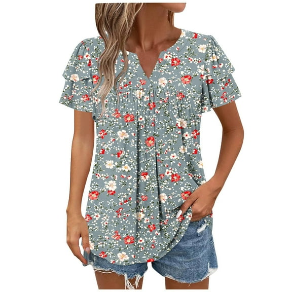 cocolona Womens Summer Casual Dressy Blouse V Neck Ruffle Short Sleeve Front Pleated Tops Fashion Floral Print T-Shirts