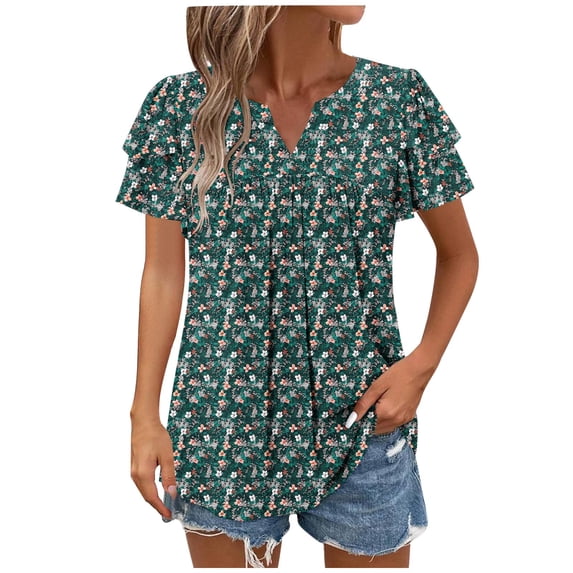cocolona Womens Summer Casual Dressy Blouse V Neck Ruffle Short Sleeve Front Pleated Tops Fashion Floral Print T-Shirts