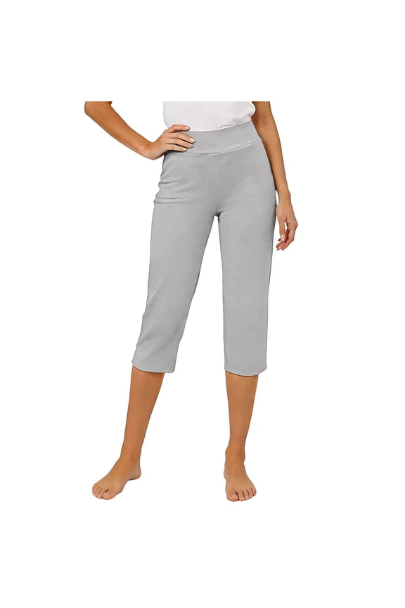 Womens Summer Casual Dressy Capris Pants Elastic Waist Split Leg Cropped Pants with Pocket
