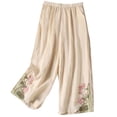 thumbnail image 1 of cocolona Womens Summer Casual Embroidered Lounge Pants Elastic Waist Straight Wide Leg Cropped Pants with Pockets, 1 of 3