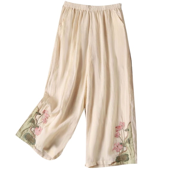cocolona Womens Summer Casual Embroidered Lounge Pants Elastic Waist Straight Wide Leg Cropped Pants with Pockets