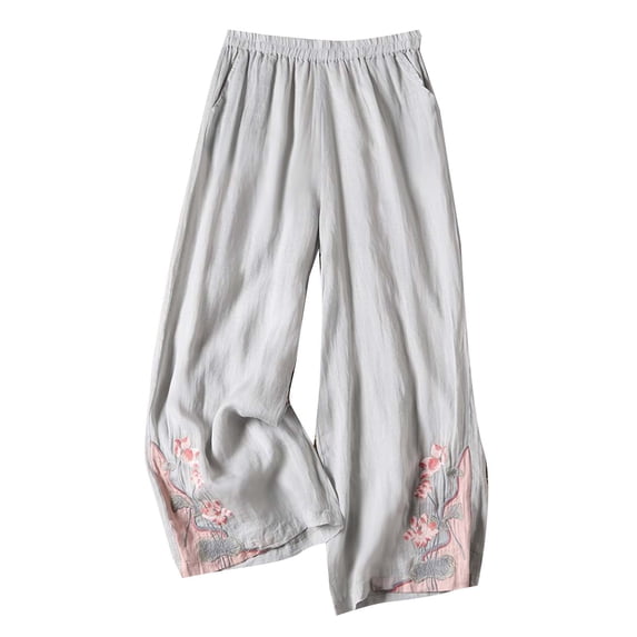 cocolona Womens Summer Casual Embroidered Lounge Pants Elastic Waist Straight Wide Leg Cropped Pants with Pockets