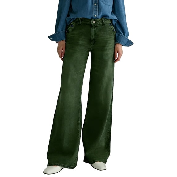 cocolona Womens Summer Casual Flare Jeans Button Zipper Waist Wide Leg Washed Denim Pants with Pockets