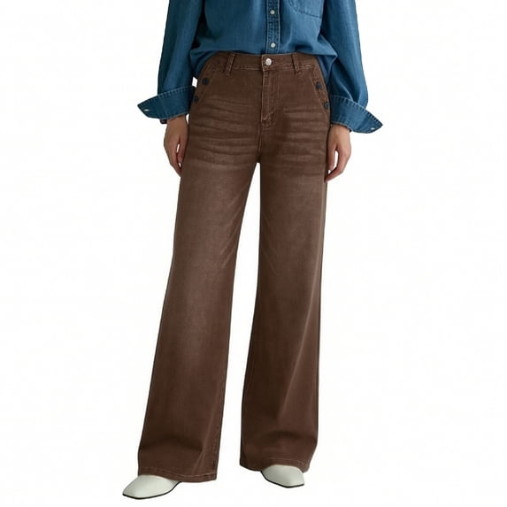 cocolona Womens Summer Casual Flare Jeans Button Zipper Waist Wide Leg Washed Denim Pants with Pockets