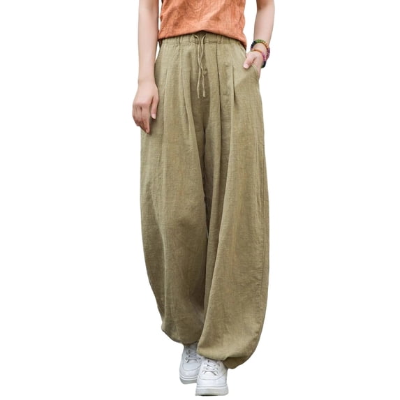 cocolona Womens Summer Casual Harem Pants Solid Color Elastic Waist Drawstring Lounge Beach Pants with Pockets