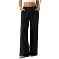 thumbnail image 1 of cocolona Womens Summer Casual High Waist Beach Pants Elastic Button Waist Straight Wide Leg Trousers with Pocket, 1 of 5