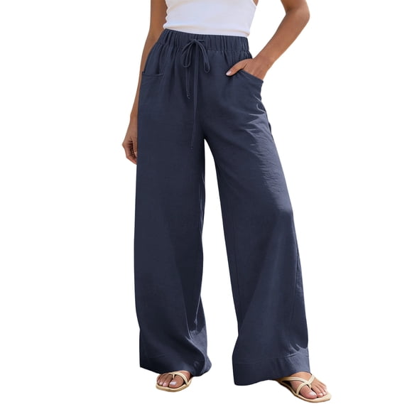 cocolona Womens Summer Casual High Waist Beach Pants Elastic Waist Drawstring Wide Leg Vacation Lounge Pants with Pockets