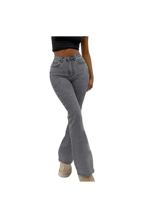 Womens Summer Casual High Waist Butt Lifting Flare Jeans with Sequins Elastic Waist Stretch Slim Denim Pants with Pocket