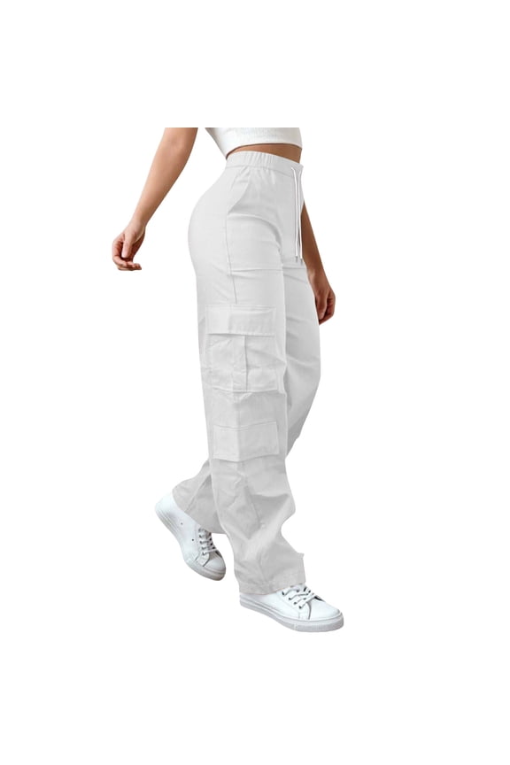 Womens Summer Casual High Waist Cargo Pants Elastic Waist Drawstring Wide Leg Vacation Beach Pants with Pockets