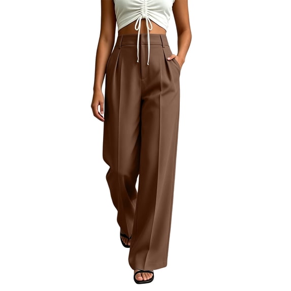 cocolona Womens Summer Casual High Waist Dress Pants Elastic Waist Straight Wide Leg Business Suit Pants with Pockets