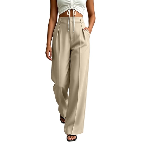 cocolona Womens Summer Casual High Waist Dress Pants Elastic Waist Straight Wide Leg Business Suit Pants with Pockets
