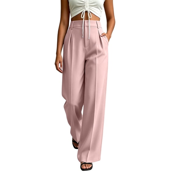 cocolona Womens Summer Casual High Waist Dress Pants Elastic Waist Straight Wide Leg Business Suit Pants with Pockets