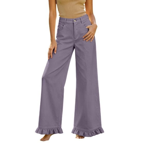 cocolona Womens Summer Casual High Waist Flare Pants Button Zipper Waist Ruffle Wide Leg Vacation Lounge Pants with Pockets