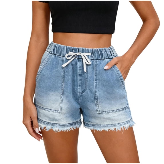 cocolona Womens Summer Casual High Waist Jeans Shorts Elastic Waist Drawstring Wide Leg Denim Shorts with Pocket