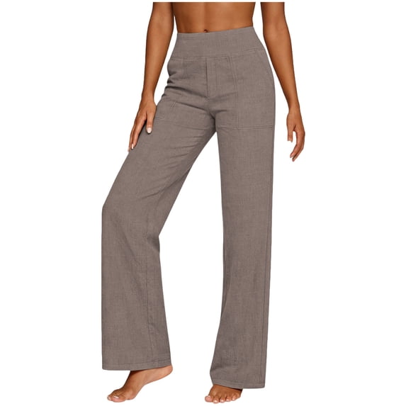 cocolona Womens Summer Casual High Waist Linen Pants Elastic Waist Straight Wide Leg Lounge Vacation Trousers with Pocket