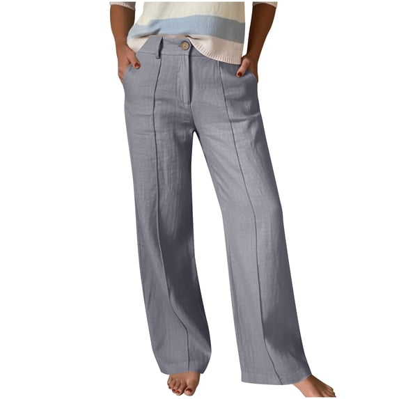 cocolona Womens Summer Casual High Waist Lounge Pants Button Zipper Waist Straight Wide Leg Pants with Pockets
