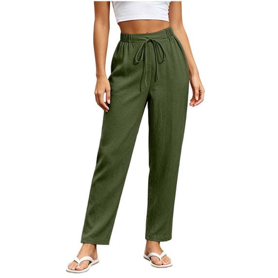 cocolona Womens Summer Casual High Waist Pants Elastic Waist Drawstring Straight Vacation Beach Pants with Pockets