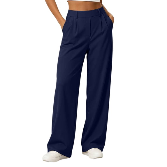 cocolona Womens Summer Casual High Waist Pleated Dress Pants Elastic Waist Straight Wide Leg Work Pants with Pockets