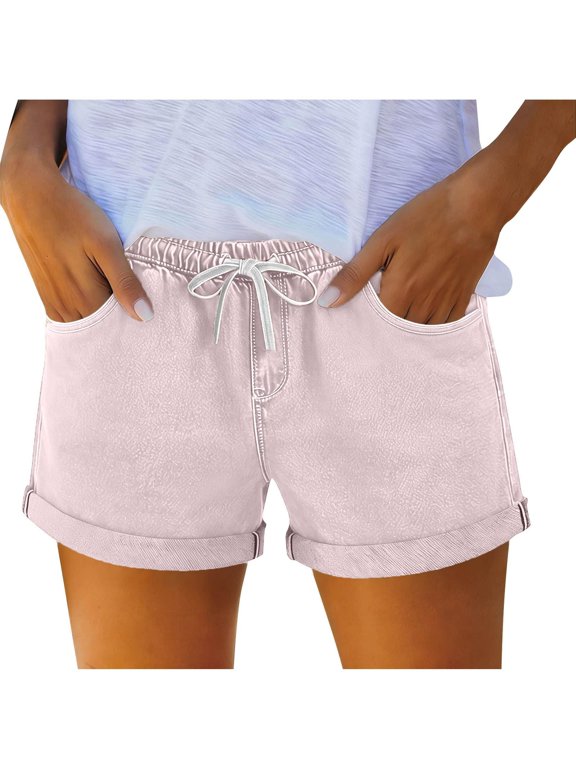 Womens Summer Casual Jean Shorts Elastic Waist Drawstring Cuffed Leg Beach Shorts with Pockets