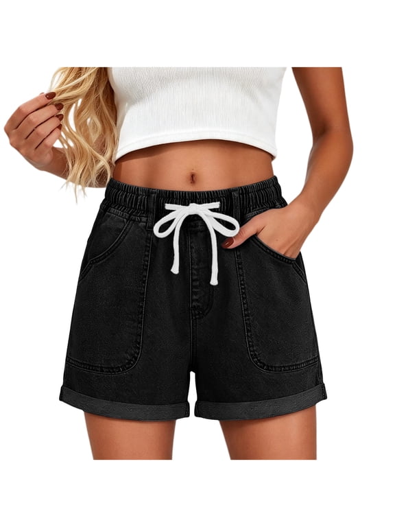 Womens Summer Casual Jean Shorts Elastic Waist Drawstring Cuffed Wide Leg Denim Shorts with Pockets
