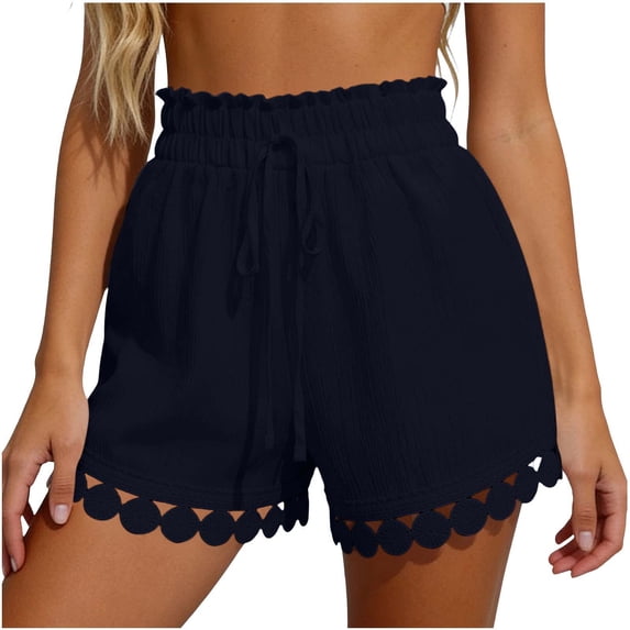 cocolona Womens Summer Casual Lace Beach Shorts Ruffled Elastic Waist Drawstring Wide Leg Shorts with Pocket
