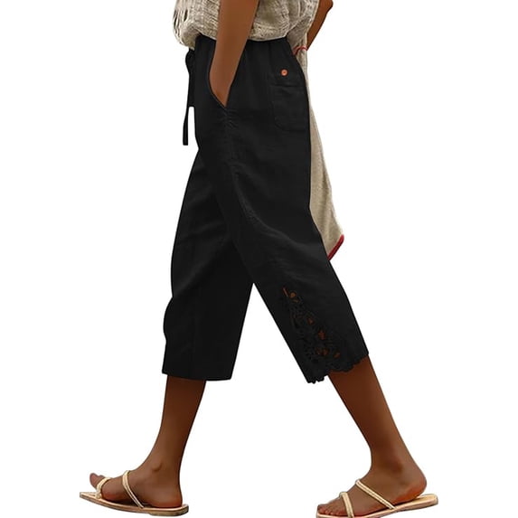 cocolona Womens Summer Casual Lace Patchwork Capri Pants Elastic Waist Drawstring Wide Leg Beach Cropped Pants with Pockets